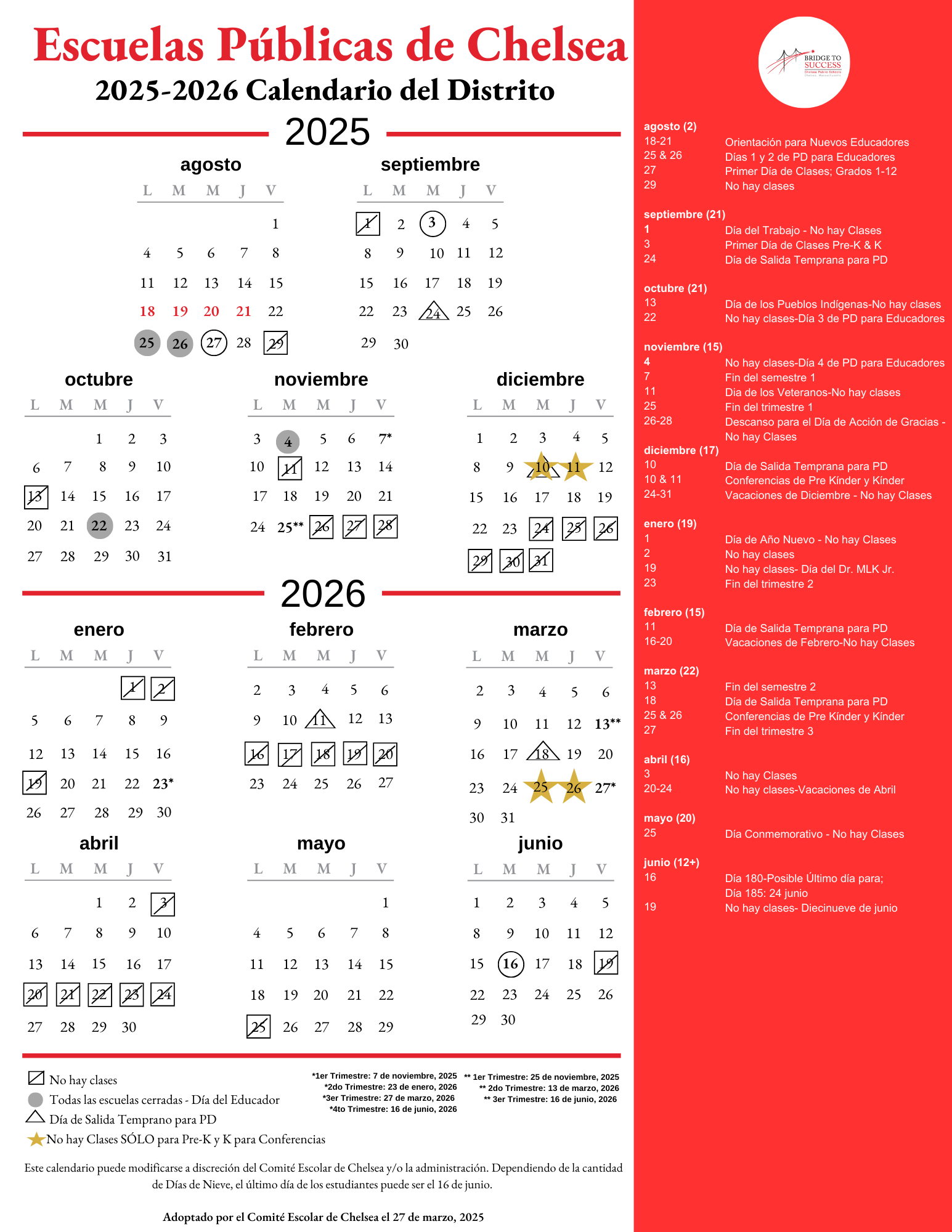 2025-26 CPS District Calendar in Spanish